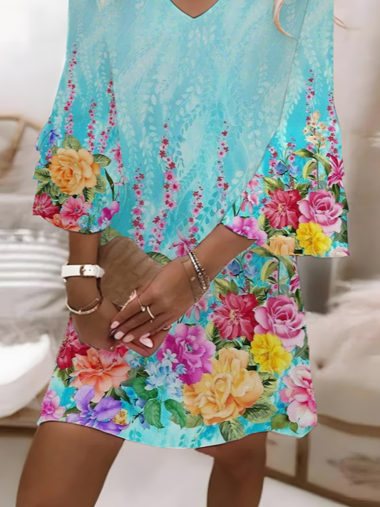 Damen Geblümt Halbarm Sommer Print Kleid V-Ausschnitt Täglich Lässig Maxikleid H-Linie Kleid