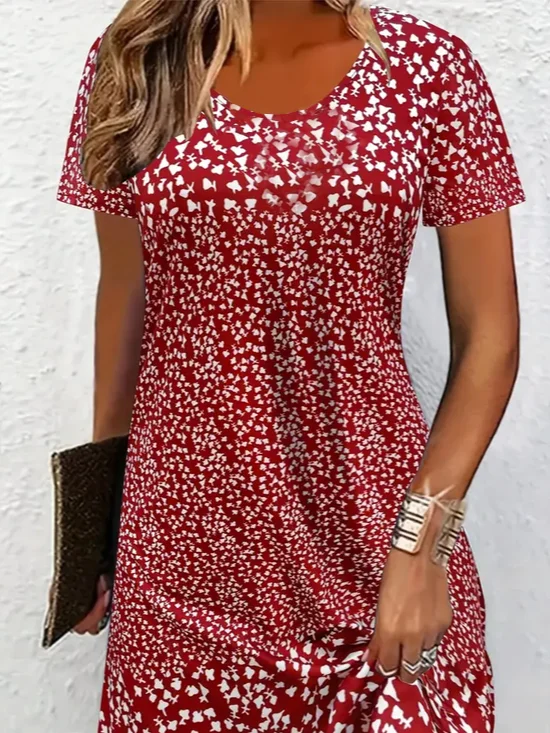 Damen Blumenmuster Kurzarm Sommer Print Kleid Rundhals Täglich Lässig Mini Tunika H-Linie Kleid
