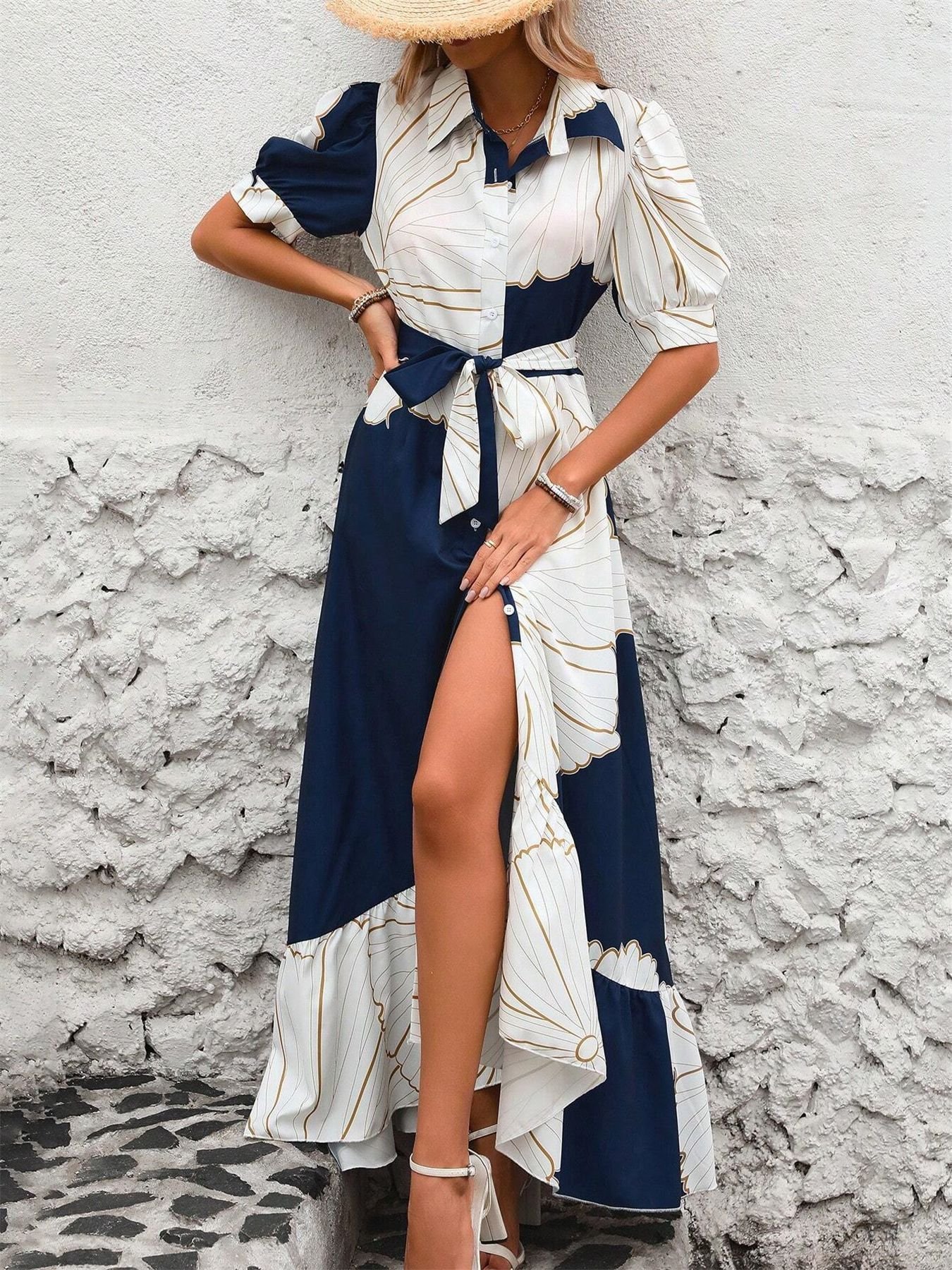 Damen Geometrisch Kurzarm Sommer Print Kleid V-Ausschnitt Puffärmel Täglich Lässig Maxikleid Blusenkleid A-Linien-Kleid