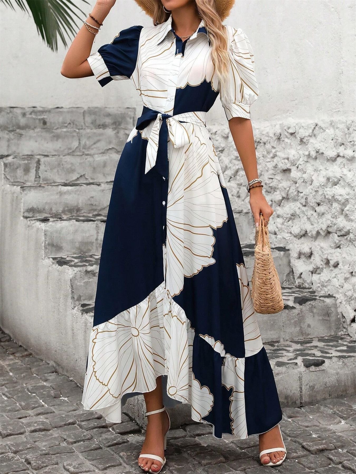 Damen Geometrisch Kurzarm Sommer Print Kleid V-Ausschnitt Puffärmel Täglich Lässig Maxikleid Blusenkleid A-Linien-Kleid