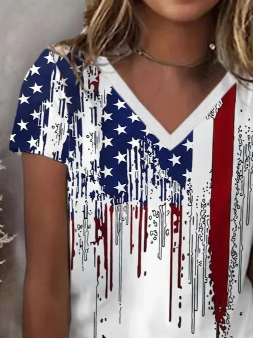Damen Tag der Unabhängigkeit (Flagge) Kurzarm T-Shirts T-Shirt V-Ausschnitt Print Lässig Sommer T-Shirt mit Grafik Oberteile