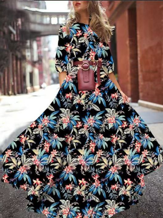 Damen Geblümt Halbarm Sommer Print Kleid Rundhals Puffärmel Täglich Lässig Maxikleid Fließendes Kleid A-Linien-Kleid