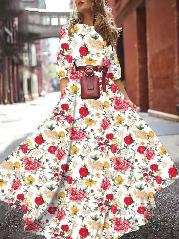 Damen Geblümt Halbarm Sommer Print Kleid Rundhals Puffärmel Täglich Lässig Maxikleid Fließendes Kleid A-Linien-Kleid