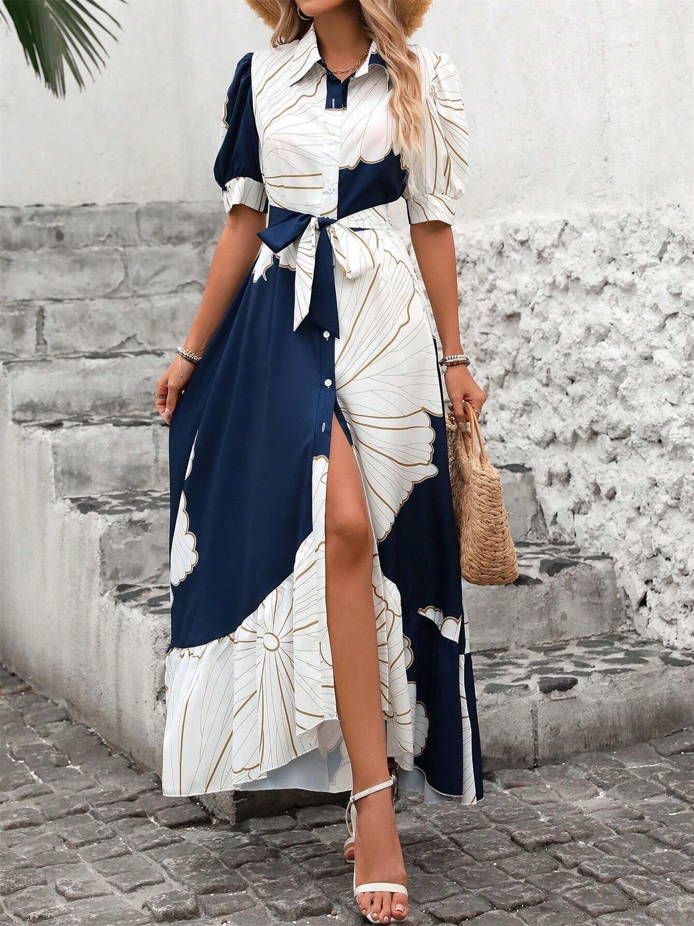Damen Geometrisch Kurzarm Sommer Print Kleid V-Ausschnitt Puffärmel Täglich Lässig Maxikleid Blusenkleid A-Linien-Kleid