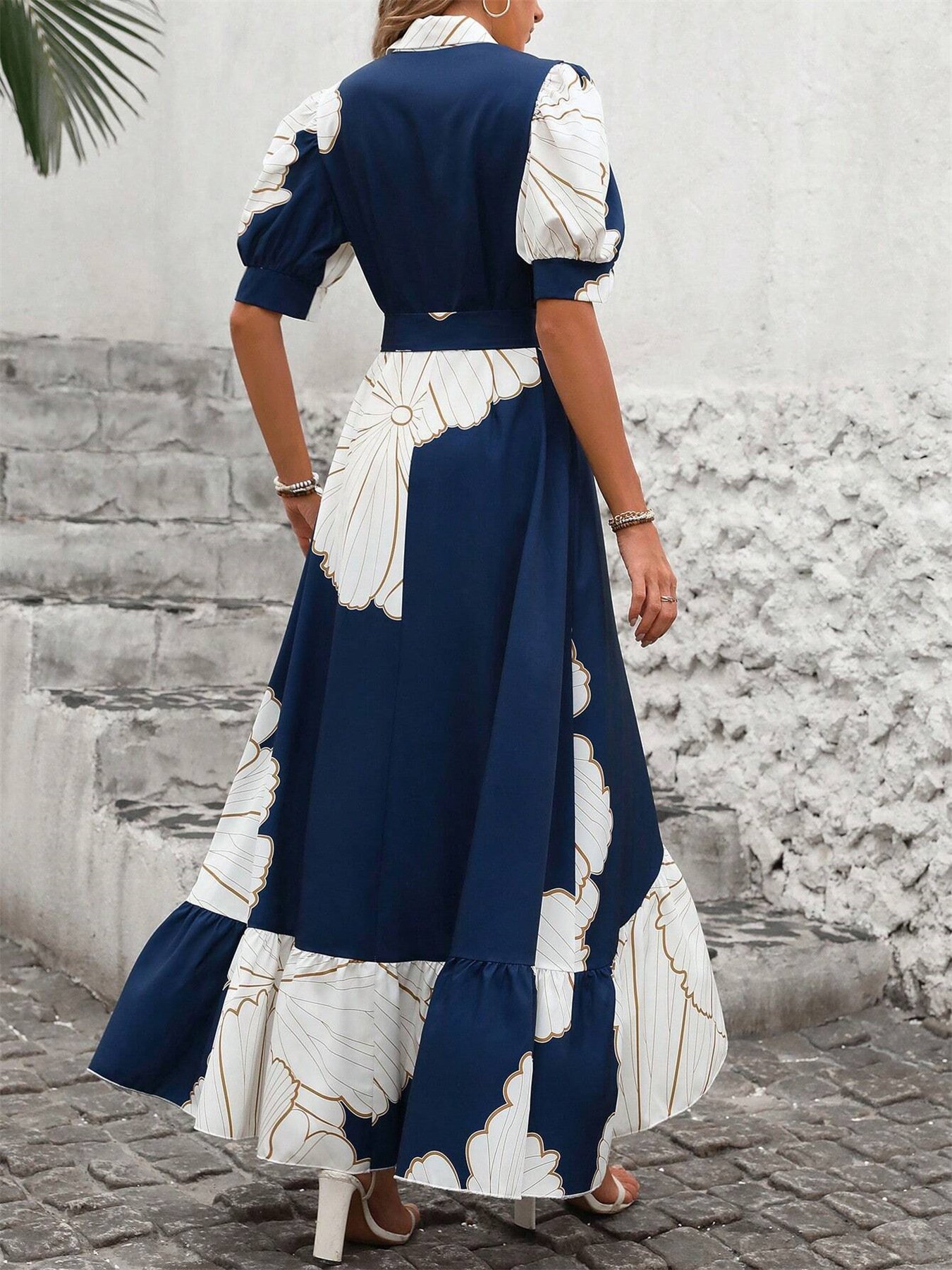 Damen Geometrisch Kurzarm Sommer Print Kleid V-Ausschnitt Puffärmel Täglich Lässig Maxikleid Blusenkleid A-Linien-Kleid