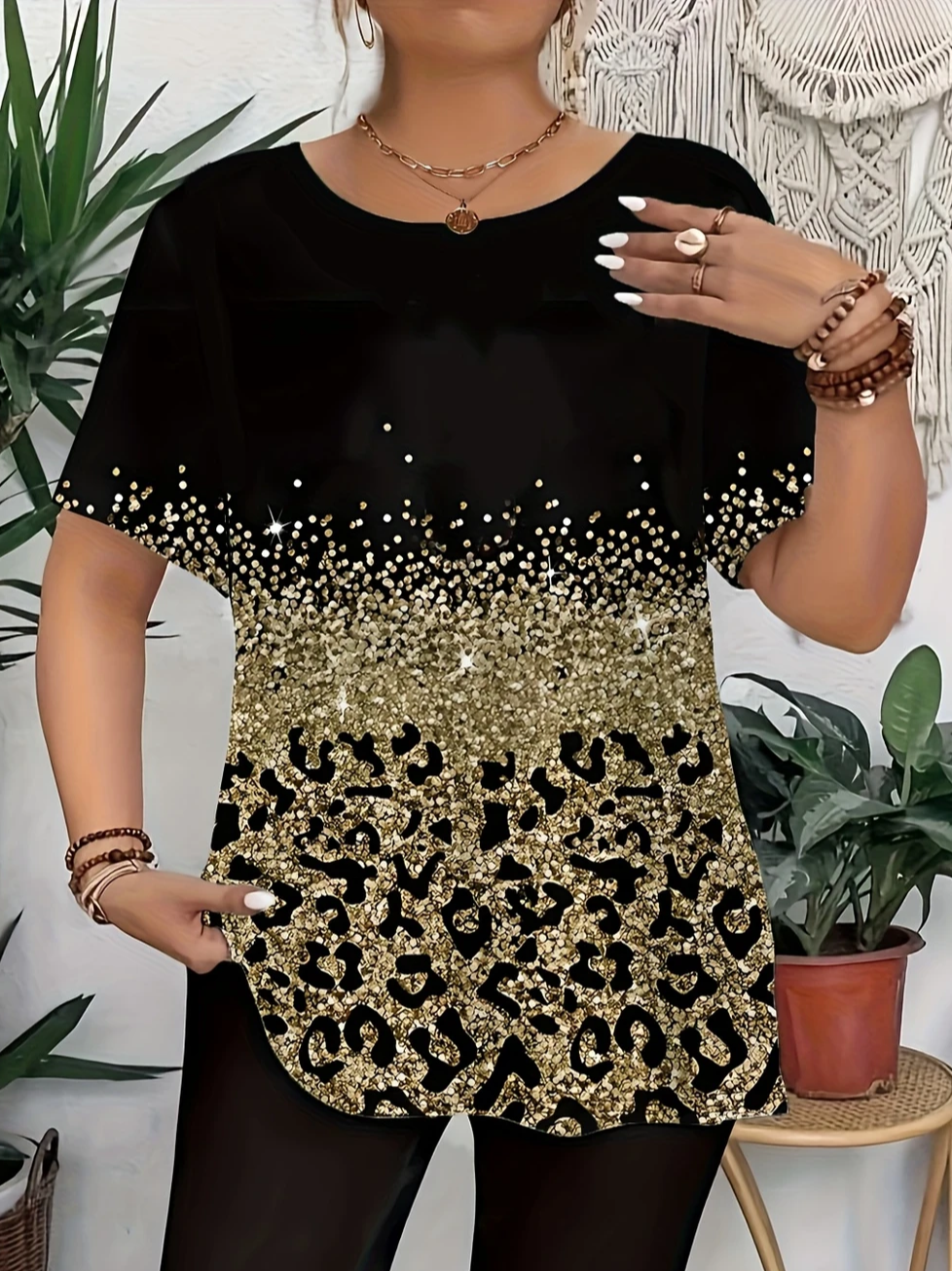 Damen Leopard Kurzarm T-Shirts T-Shirt Rundhals Print Lässig Sommer T-Shirt mit Grafik Oberteile
