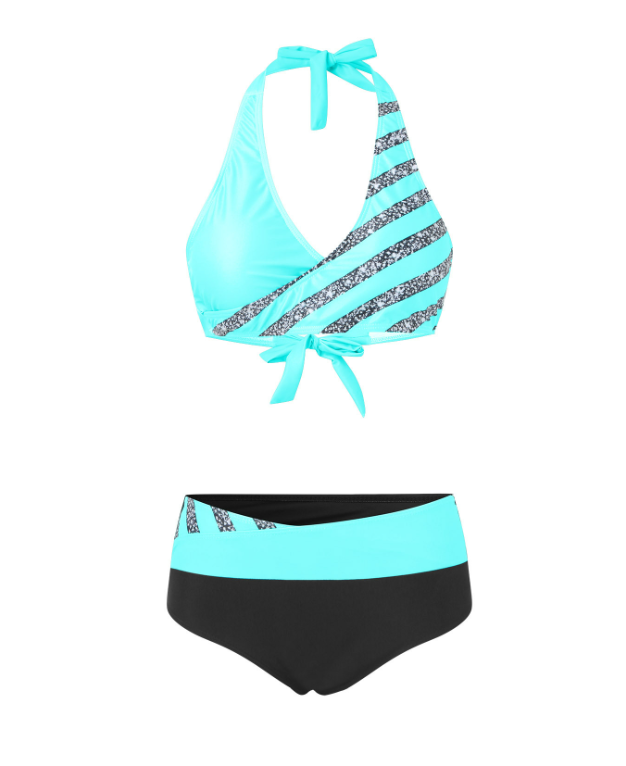Sexy Zweiteiliges Bikini Badeanzug Damen Gestreift Pailletten Kreuz Rückenfrei Badeanzug