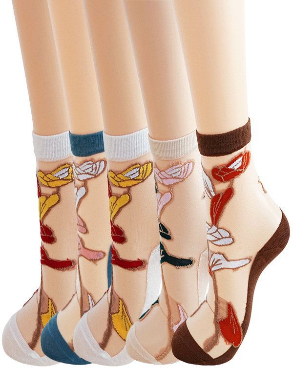 Heiß Verkauf Damen Mittel Tube Kristall Strümpfe Frühling und Sommer Dünn Blumenmuster Glas Seide Damen Socken Rutschfest Socken für Damen