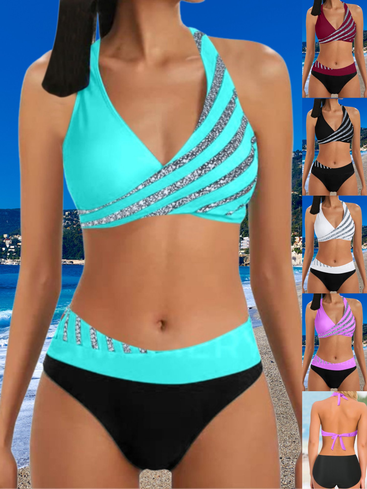 Sexy Zweiteiliges Bikini Badeanzug Damen Gestreift Pailletten Kreuz Rückenfrei Badeanzug
