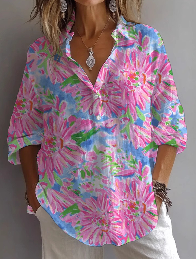 Damen Geblümt Langarm Bluse Frühling/Herbst Print Hemdkragen Täglich Lässig Oberteile