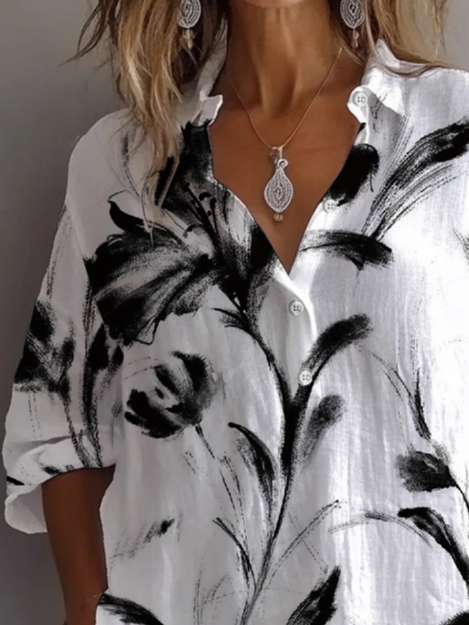 Damen Geblümt Langarm Bluse Frühling/Herbst Print Hemdkragen Täglich Lässig Oberteile