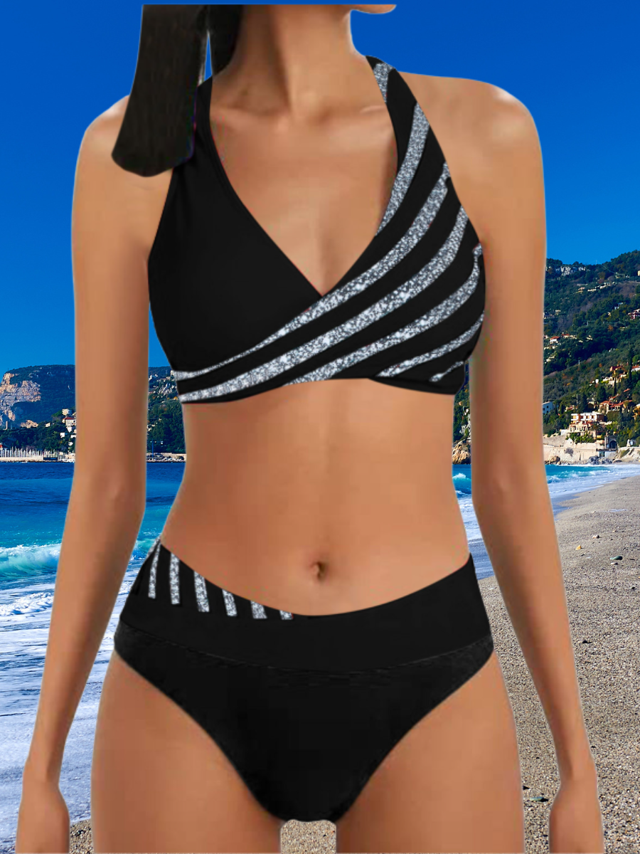 Sexy Zweiteiliges Bikini Badeanzug Damen Gestreift Pailletten Kreuz Rückenfrei Badeanzug