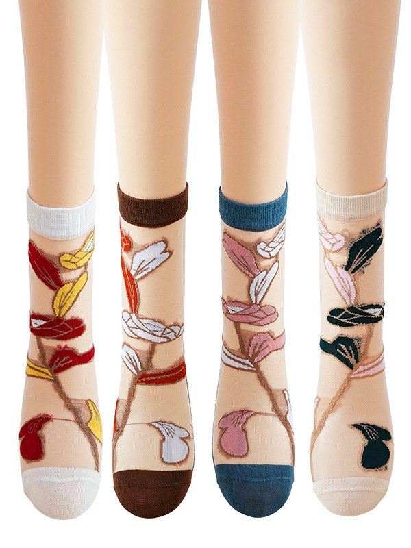 Heiß Verkauf Damen Mittel Tube Kristall Strümpfe Frühling und Sommer Dünn Blumenmuster Glas Seide Damen Socken Rutschfest Socken für Damen