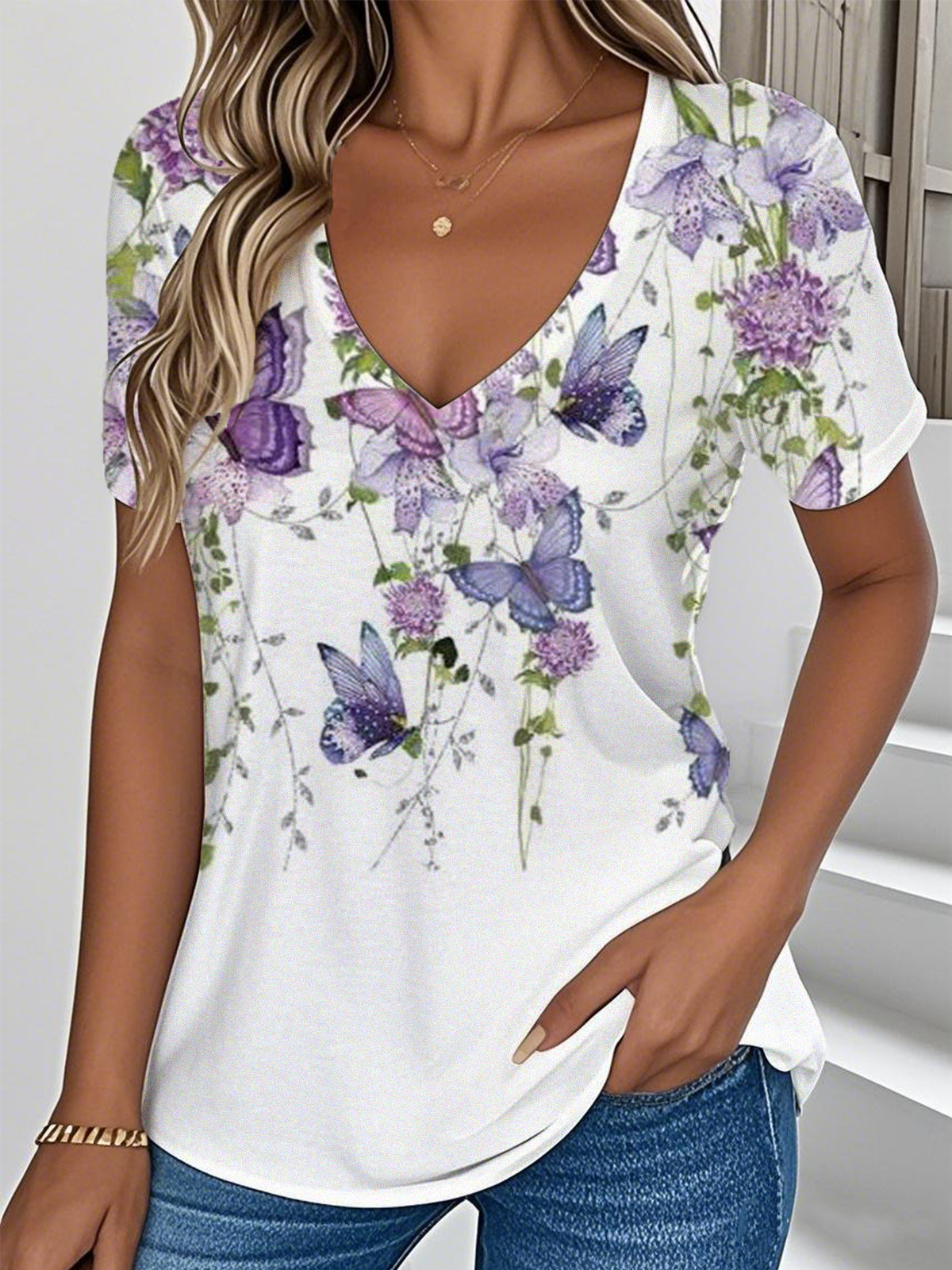 Damen Geblümt Kurzarm T-Shirts T-Shirt V-Ausschnitt Lässig Sommer Oberteile