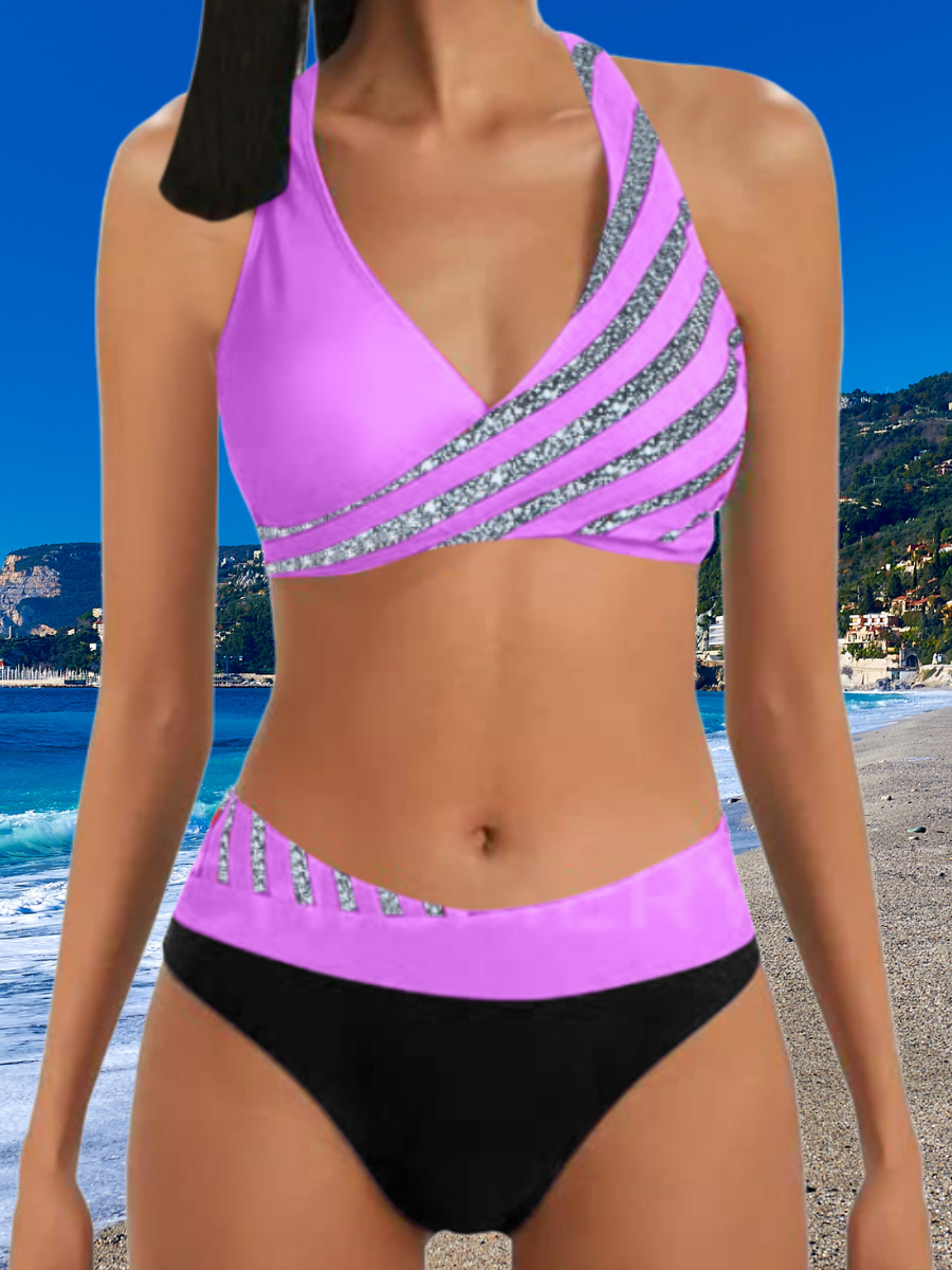 Sexy Zweiteiliges Bikini Badeanzug Damen Gestreift Pailletten Kreuz Rückenfrei Badeanzug