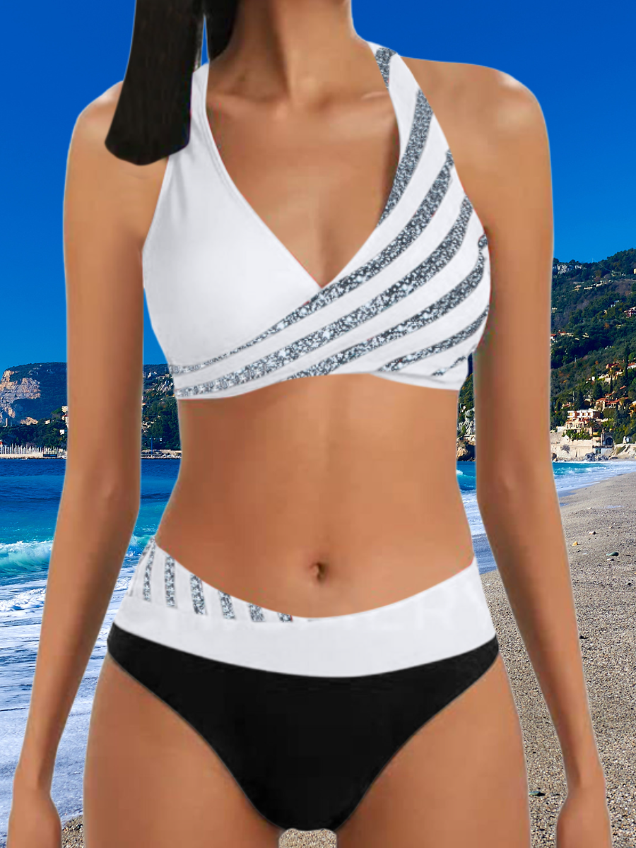 Sexy Zweiteiliges Bikini Badeanzug Damen Gestreift Pailletten Kreuz Rückenfrei Badeanzug