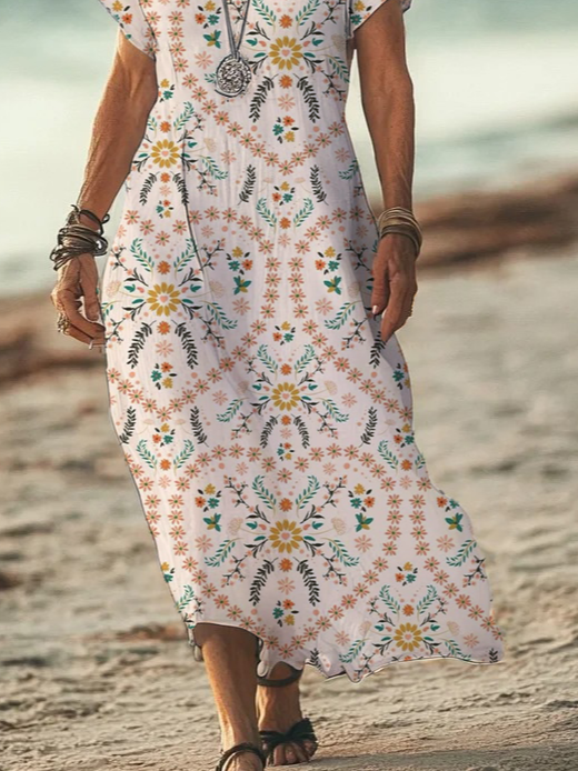 Damen Geblümt Kurzarm Sommer Print Kleid V-Ausschnitt Täglich Lässig Maxikleid X-Linie Kleid