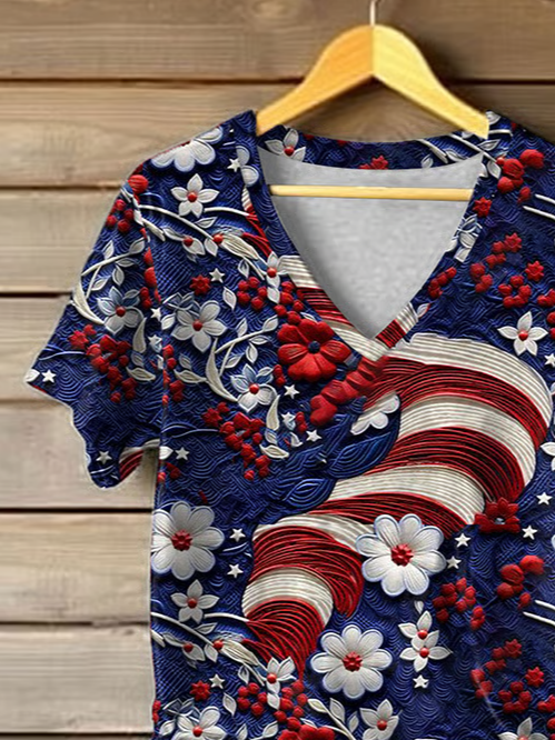 Damen Geblümt Kurzarm T-Shirts T-Shirt V-Ausschnitt Print Lässig Sommer T-Shirt mit Grafik Oberteile