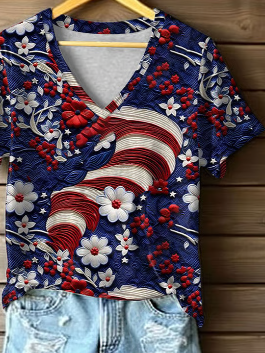 Damen Geblümt Kurzarm T-Shirts T-Shirt V-Ausschnitt Print Lässig Sommer T-Shirt mit Grafik Oberteile