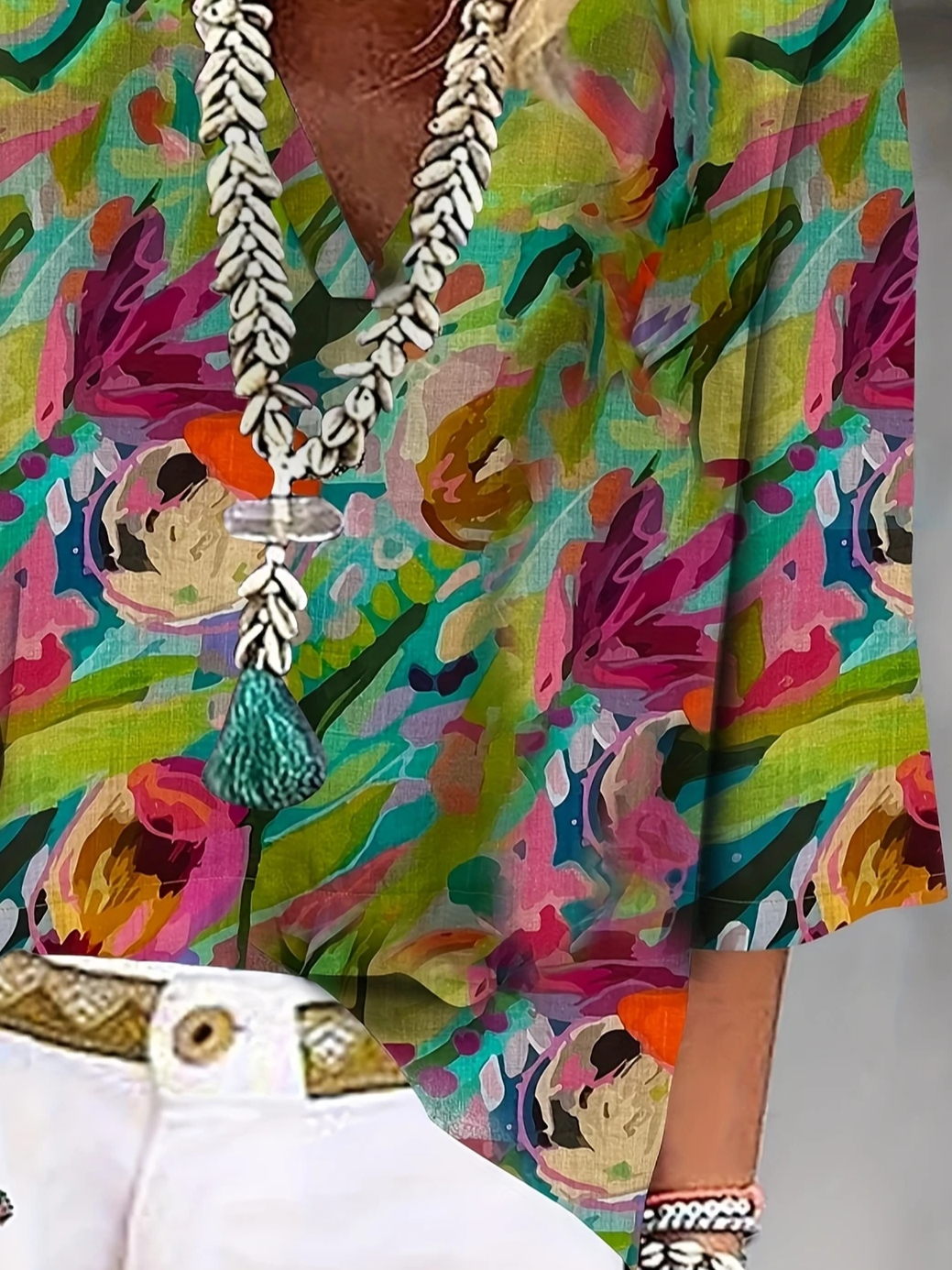 Damen Geblümt Dreiviertelärmel Bluse Frühling/Herbst Print V-Ausschnitt Täglich Lässig Oberteile