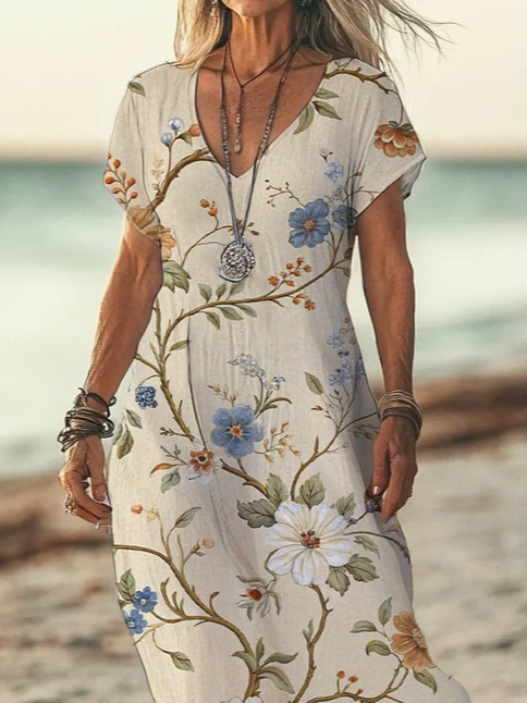 Damen Geblümt Kurzarm Sommer Print Kleid V-Ausschnitt Täglich Lässig Maxikleid X-Linie Kleid