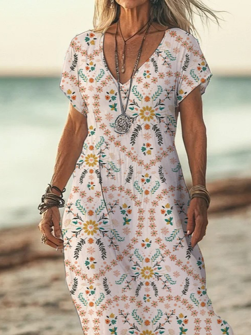 Damen Geblümt Kurzarm Sommer Print Kleid V-Ausschnitt Täglich Lässig Maxikleid X-Linie Kleid