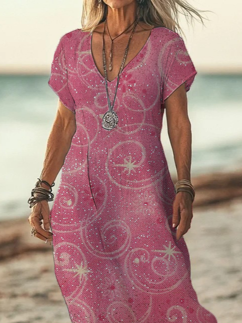 Damen Geblümt Kurzarm Sommer Print Kleid V-Ausschnitt Täglich Lässig Maxikleid X-Linie Kleid