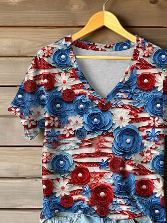 Damen Geblümt Kurzarm T-Shirts T-Shirt V-Ausschnitt Print Lässig Sommer T-Shirt mit Grafik Oberteile