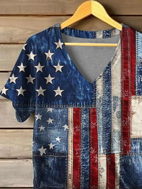 Damen Tag der Unabhängigkeit (Flagge) Kurzarm T-Shirts T-Shirt V-Ausschnitt Print Lässig Sommer T-Shirt mit Grafik Oberteile