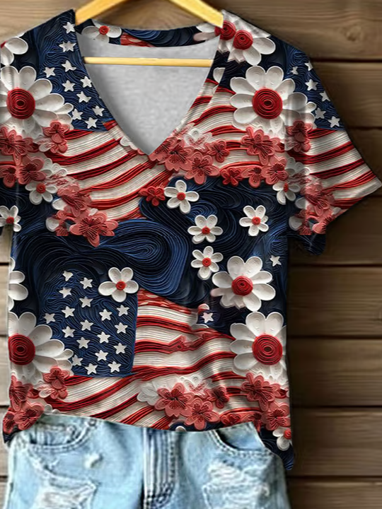 Damen Geblümt Kurzarm T-Shirts T-Shirt V-Ausschnitt Print Lässig Sommer T-Shirt mit Grafik Oberteile