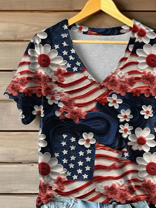 Damen Geblümt Kurzarm T-Shirts T-Shirt V-Ausschnitt Print Lässig Sommer T-Shirt mit Grafik Oberteile