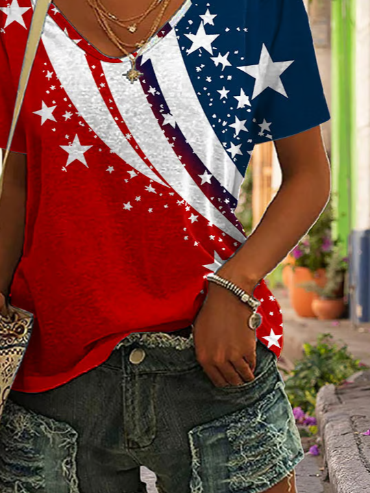 Damen Tag der Unabhängigkeit (Flagge) Kurzarm T-Shirts T-Shirt V-Ausschnitt Print Lässig Sommer T-Shirt mit Grafik Oberteile