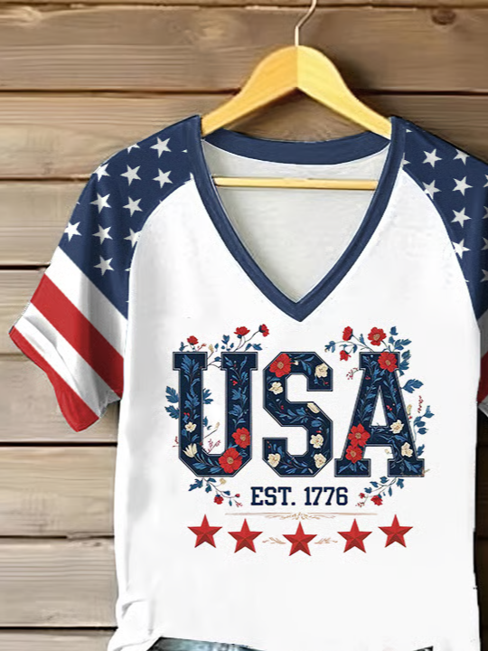 Damen Geblümt Kurzarm T-Shirts T-Shirt V-Ausschnitt Print Lässig Sommer T-Shirt mit Grafik Oberteile