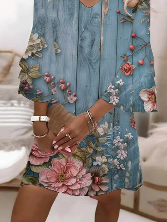 Damen Geblümt Halbarm Sommer Print Kleid V-Ausschnitt Täglich Lässig Maxikleid H-Linie Kleid