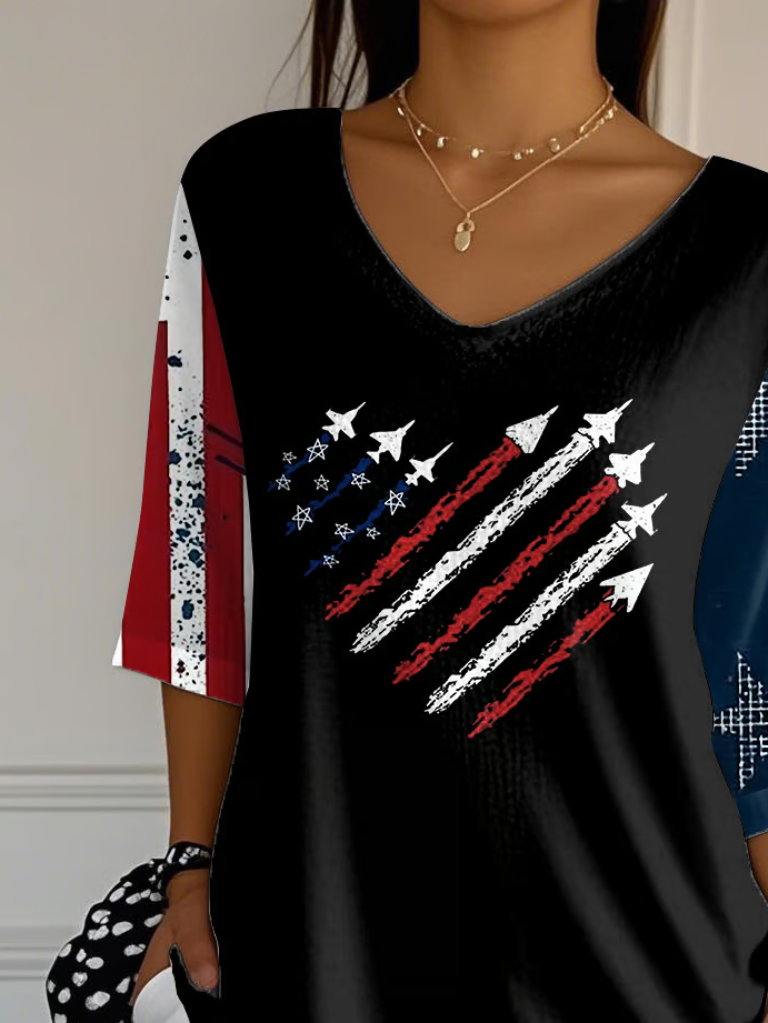 Damen Tag der Unabhängigkeit (Flagge) Dreiviertelärmel T-Shirts T-Shirt V-Ausschnitt Print Lässig Frühling/Herbst Oberteile