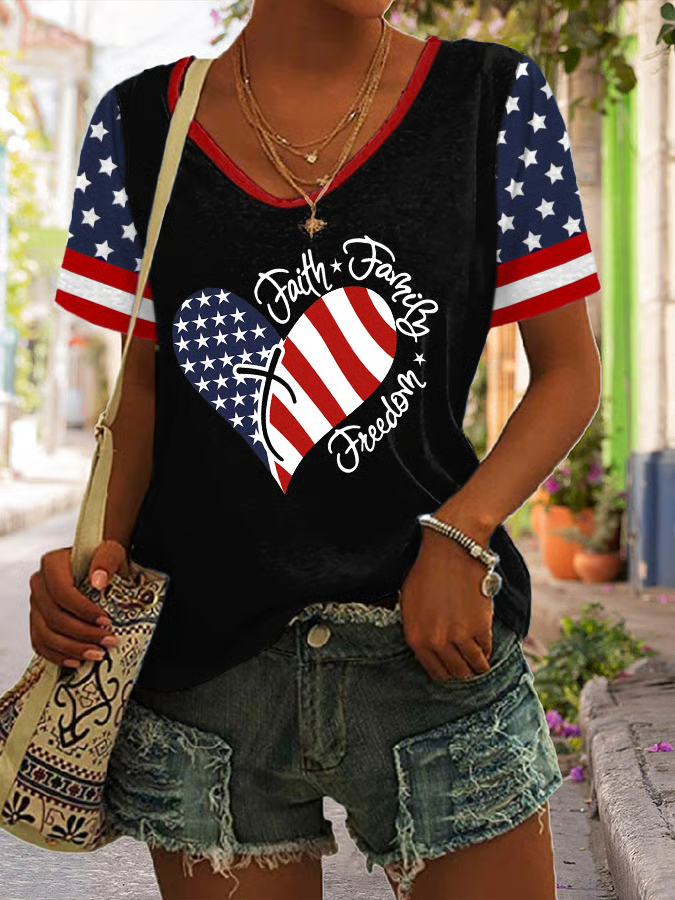 Damen Tag der Unabhängigkeit (Flagge) Kurzarm T-Shirts T-Shirt V-Ausschnitt Print Lässig Sommer T-Shirt mit Grafik Oberteile