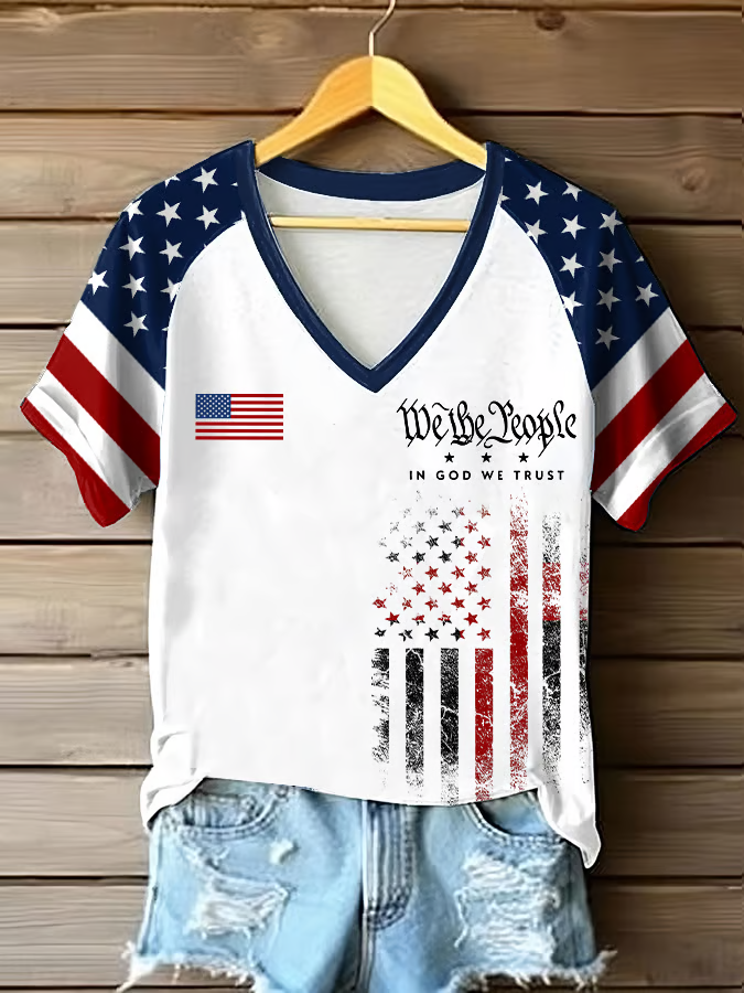 Damen Tag der Unabhängigkeit (Flagge) Kurzarm T-Shirts T-Shirt V-Ausschnitt Print Lässig Sommer T-Shirt mit Grafik Oberteile