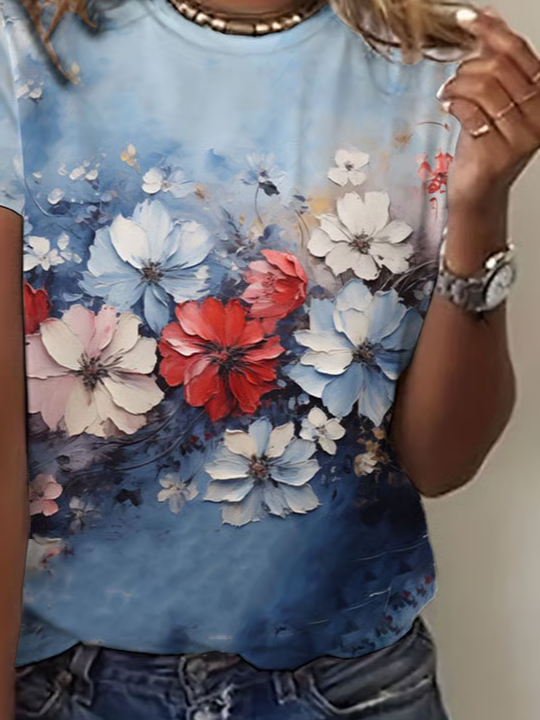 Damen Geblümt Kurzarm T-Shirts T-Shirt Rundhals Print Lässig Sommer T-Shirt mit Grafik Oberteile