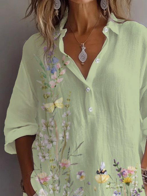 Damen Geblümt Langarm Bluse Frühling/Herbst Print Hemdkragen Täglich Lässig Oberteile