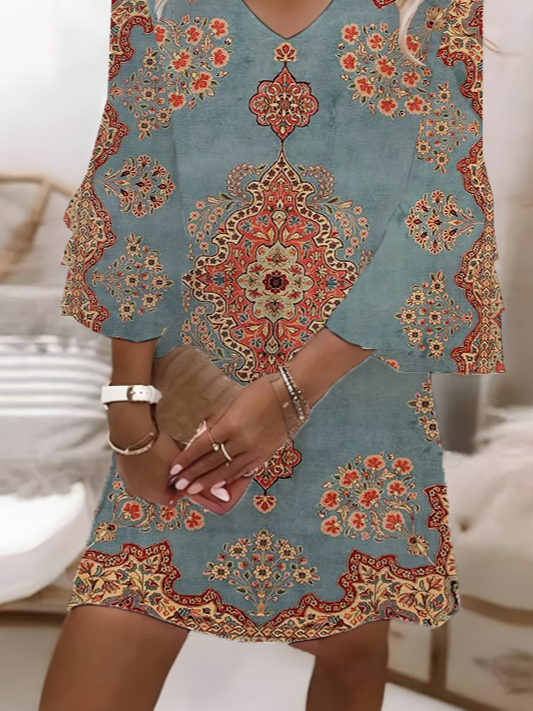 Damen Geblümt Halbarm Sommer Print Kleid V-Ausschnitt Täglich Lässig Maxikleid H-Linie Kleid
