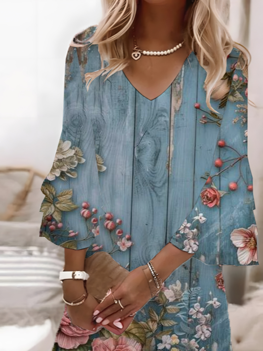 Damen Geblümt Halbarm Sommer Print Kleid V-Ausschnitt Täglich Lässig Maxikleid H-Linie Kleid