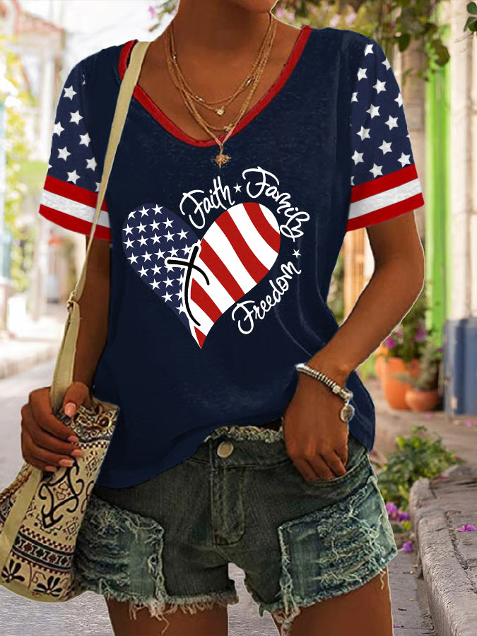 Damen Tag der Unabhängigkeit (Flagge) Kurzarm T-Shirts T-Shirt V-Ausschnitt Print Lässig Sommer T-Shirt mit Grafik Oberteile