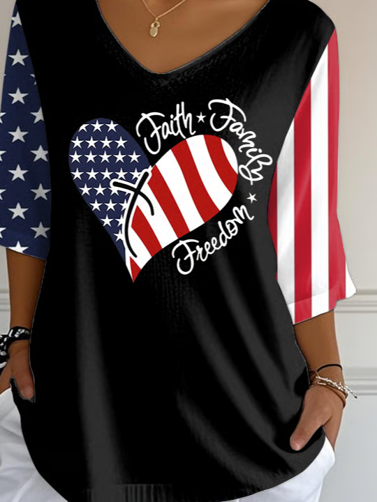 Damen Tag der Unabhängigkeit (Flagge) Dreiviertelärmel T-Shirts T-Shirt V-Ausschnitt Print Lässig Frühling/Herbst Oberteile