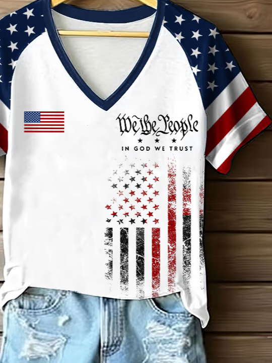 Damen Tag der Unabhängigkeit (Flagge) Kurzarm T-Shirts T-Shirt V-Ausschnitt Print Lässig Sommer T-Shirt mit Grafik Oberteile