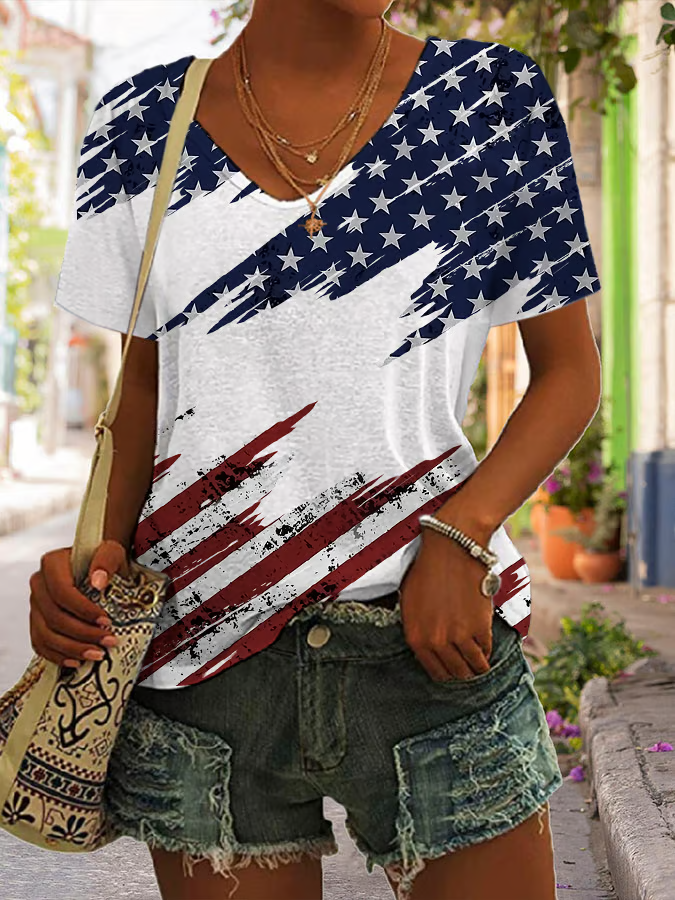 Damen Tag der Unabhängigkeit (Flagge) Kurzarm T-Shirts T-Shirt V-Ausschnitt Print Lässig Sommer T-Shirt mit Grafik Oberteile