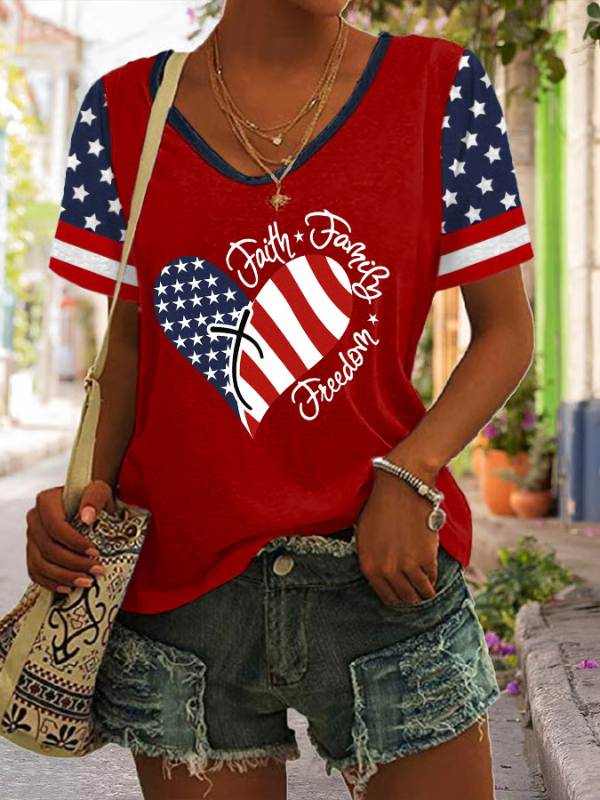 Damen Tag der Unabhängigkeit (Flagge) Kurzarm T-Shirts T-Shirt V-Ausschnitt Print Lässig Sommer T-Shirt mit Grafik Oberteile