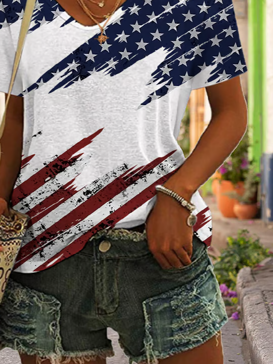 Damen Tag der Unabhängigkeit (Flagge) Kurzarm T-Shirts T-Shirt V-Ausschnitt Print Lässig Sommer T-Shirt mit Grafik Oberteile