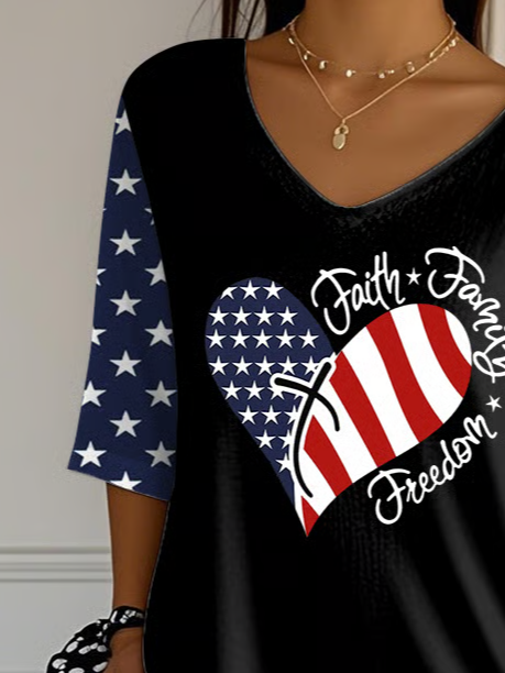 Damen Tag der Unabhängigkeit (Flagge) Dreiviertelärmel T-Shirts T-Shirt V-Ausschnitt Print Lässig Frühling/Herbst Oberteile