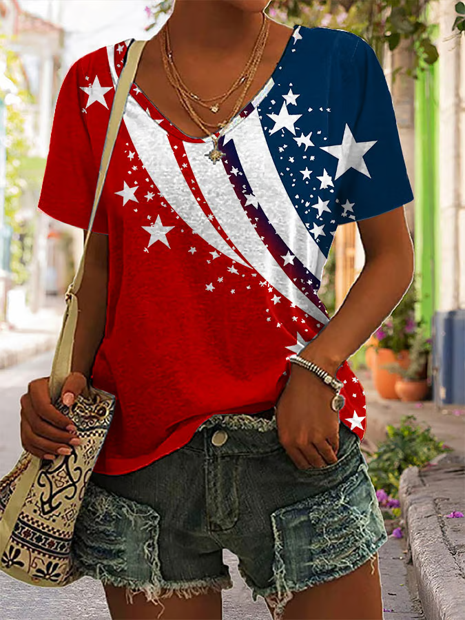 Damen Tag der Unabhängigkeit (Flagge) Kurzarm T-Shirts T-Shirt V-Ausschnitt Print Lässig Sommer T-Shirt mit Grafik Oberteile