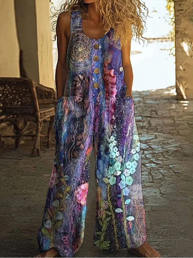 Damen Geblümt Rundhals Ärmellos Lässig Sommer Jumpsuit